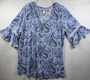 Women's Blouse by Stem & Vine with Bell Sleeves, Blue & White Size XXL
